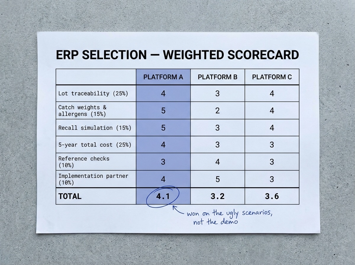 The weighted vendor scorecard: three platforms scored on lot traceability, catch weights, recall simulation, five-year cost and references, with the winner circled in pen